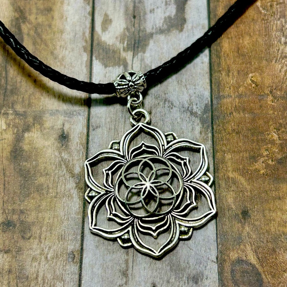 Handmade Antique Silver Large Flower Necklace with Braided Leather Cord